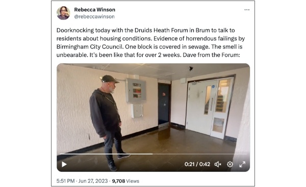 NEF senior organiser Becki Winson took to Twitter to highlight the appalling conditions faced by people living in an estate in Druids Heath